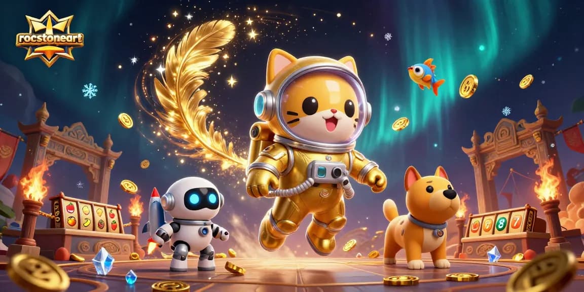 Experience fun gaming with rocstoneart's energetic space-themed illustration featuring characters and colorful casino elements.