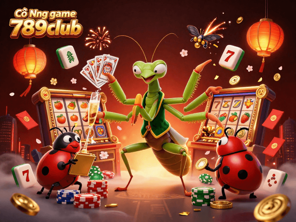 Cổng game 789club với hình ảnh sinh động của côn trùng dễ thương chơi bài và tham gia vào các hoạt động cá cược hấp dẫn.
