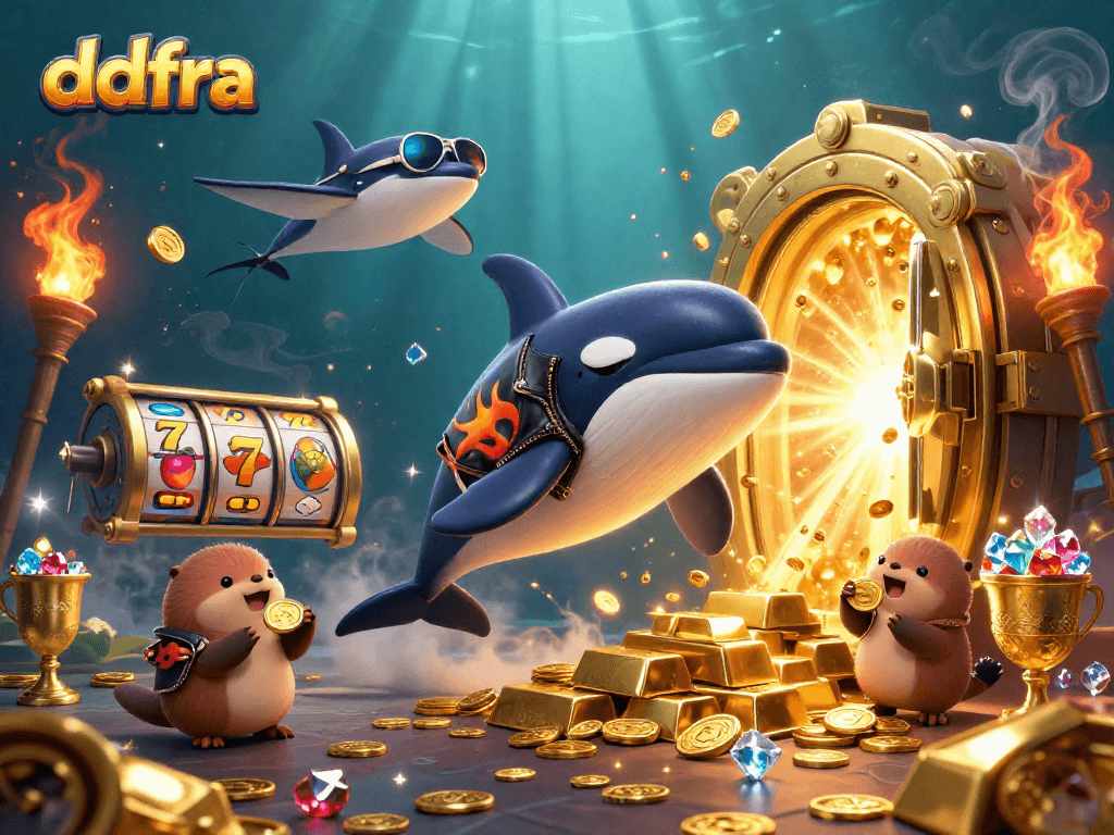 Engage with ddfra's dynamic casino world featuring cartoon characters and vivid game elements in a rich treasure scene.