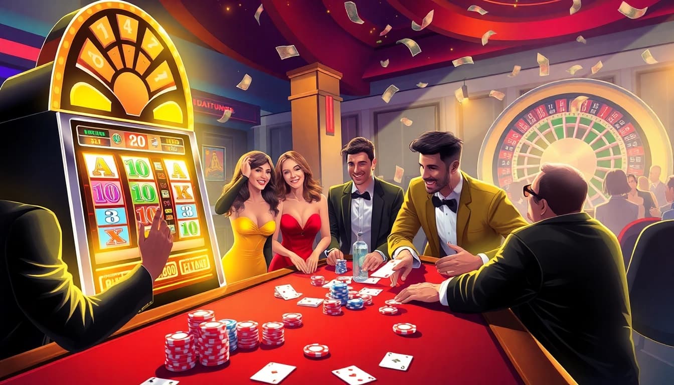 Players enjoying a vibrant casino atmosphere at OKFUN, complete with poker chips and slots.