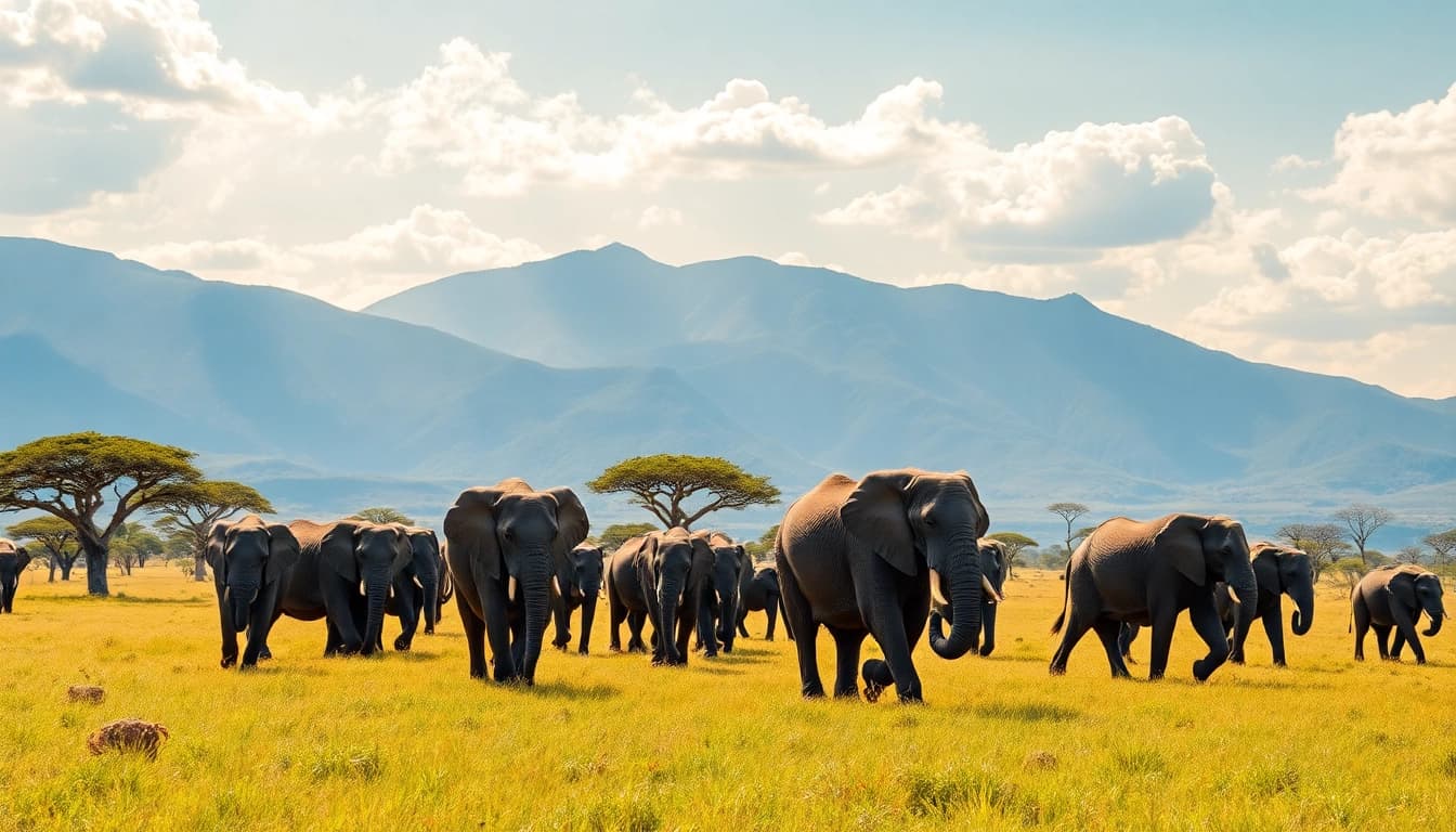 Tanzania safaris showcasing wild elephants on an expansive savannah under a bright sky.