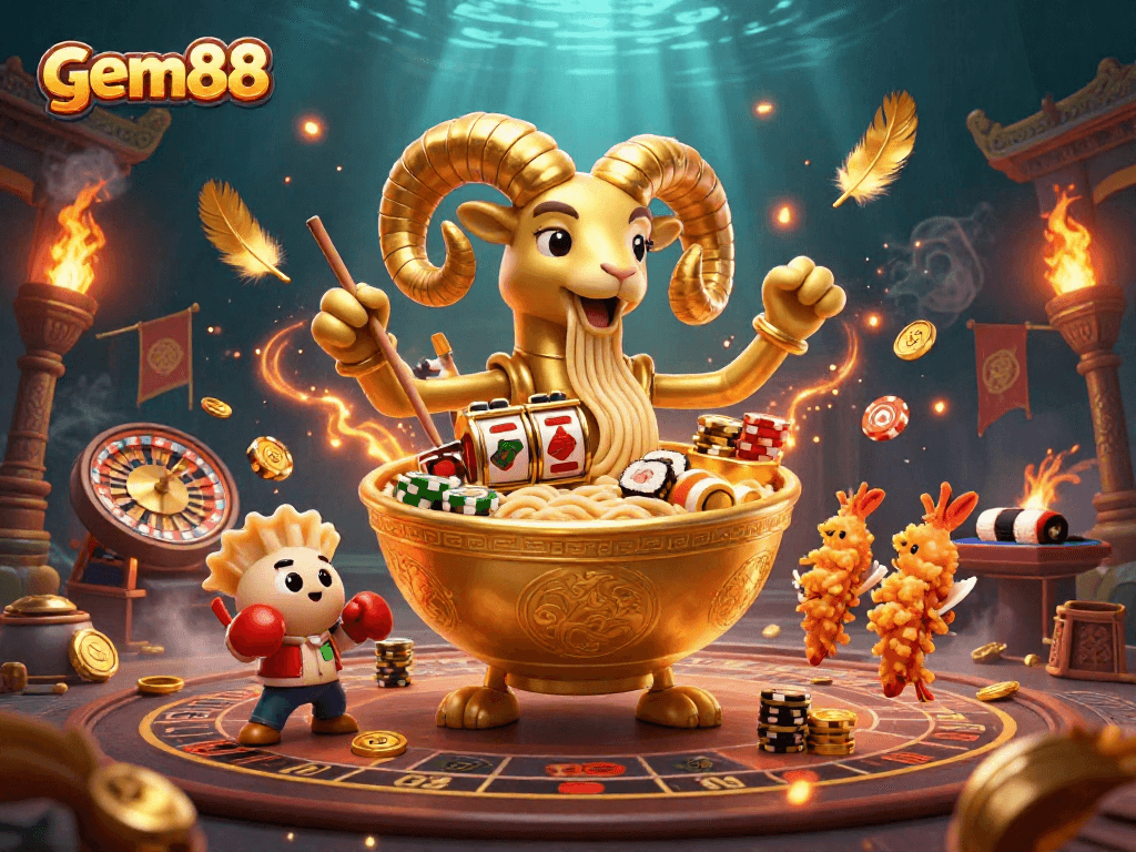 gem88 showcases an exciting casino vibe with a giant ramen bowl dealing slot reels and chips.