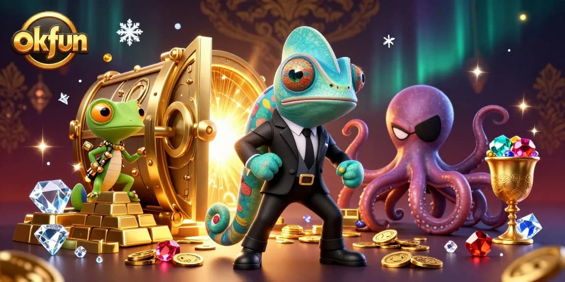 Spin slot reels and collect fortunes at okfun with vibrant characters amidst a treasure-filled casino.