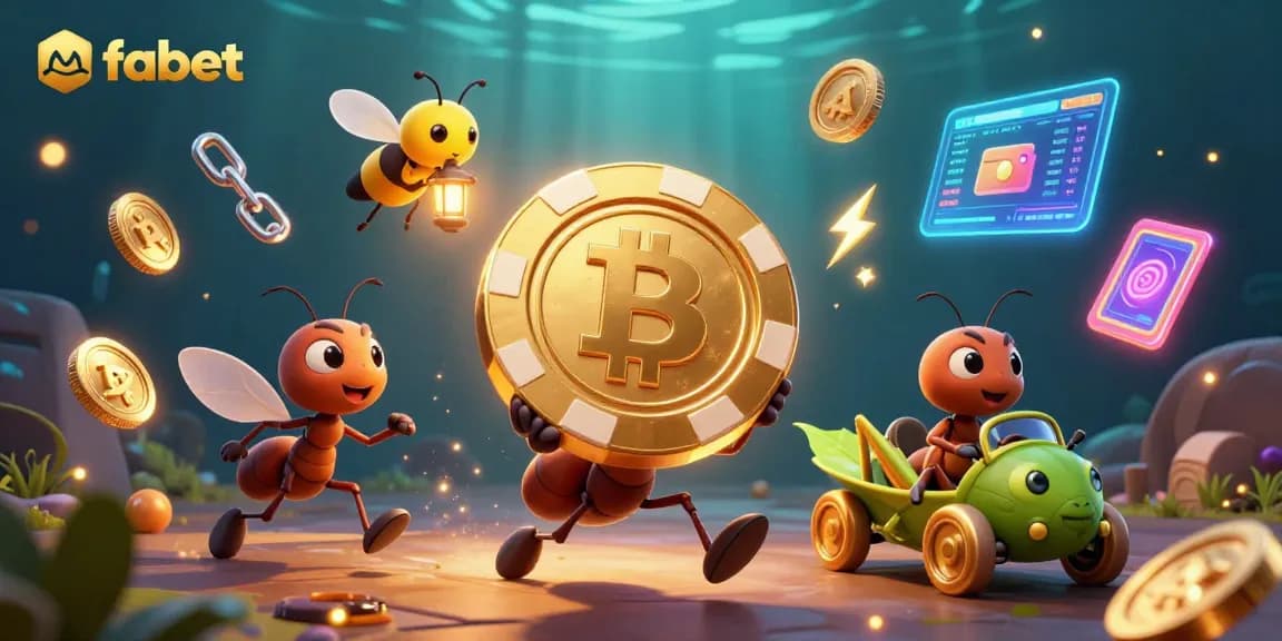 Experience fabet's thrilling heist with vibrant 3D ants, golden poker chips, and crypto magic.