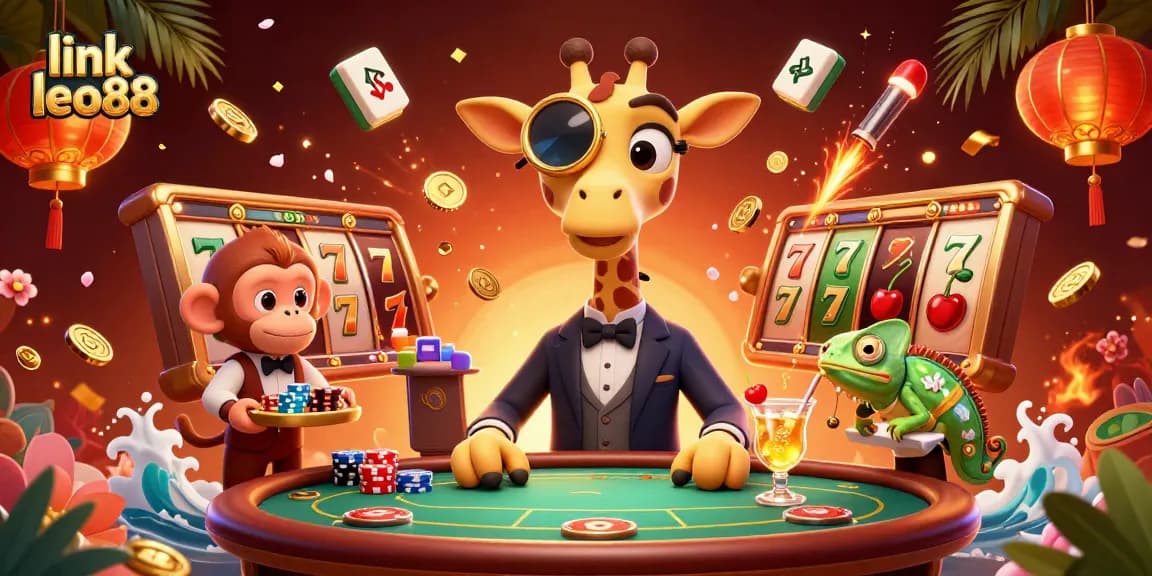 Experience the excitement of link leo88 with a vibrant casino scene featuring a giraffe, monkey, and chameleon.