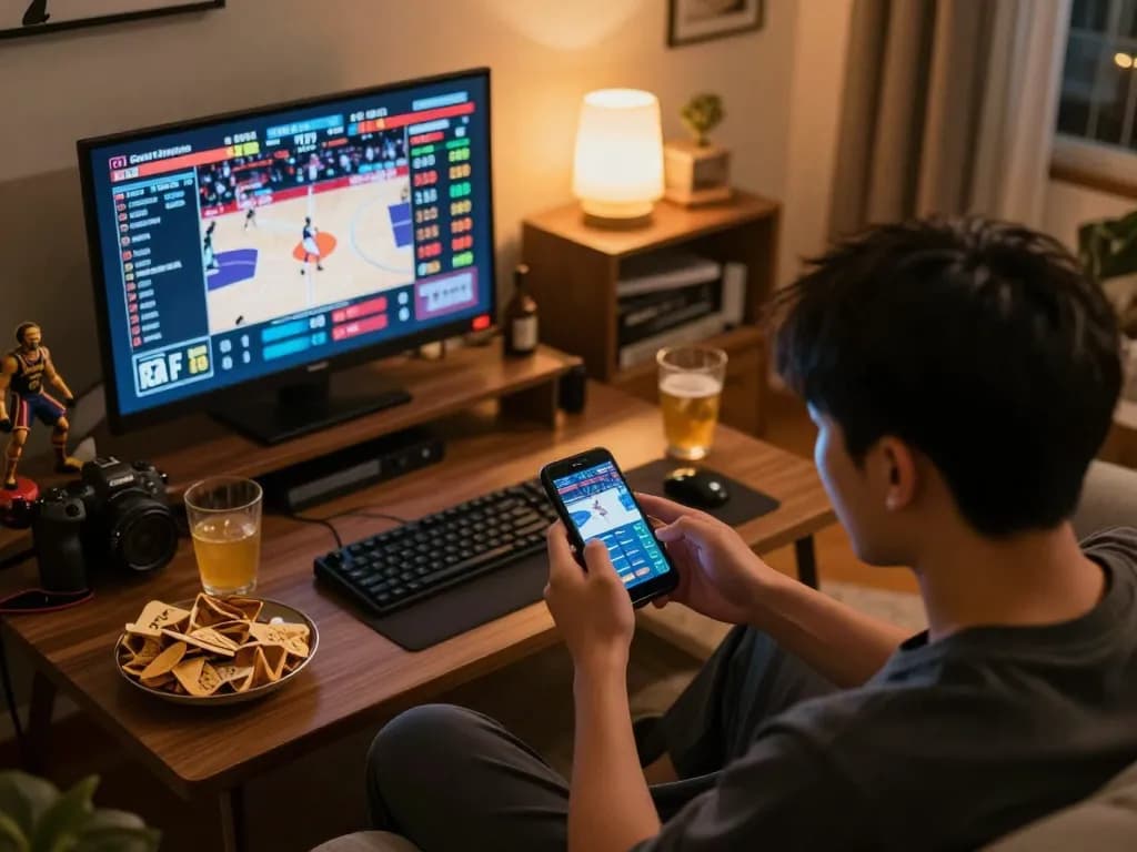 OPEN88 player analyzing basketball betting stats in a cozy living room environment.