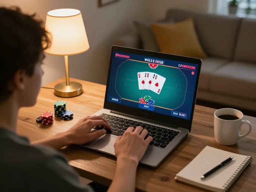 Player engaging in online casino gaming on laptop showcasing 88aa poker interface in cozy home environment.