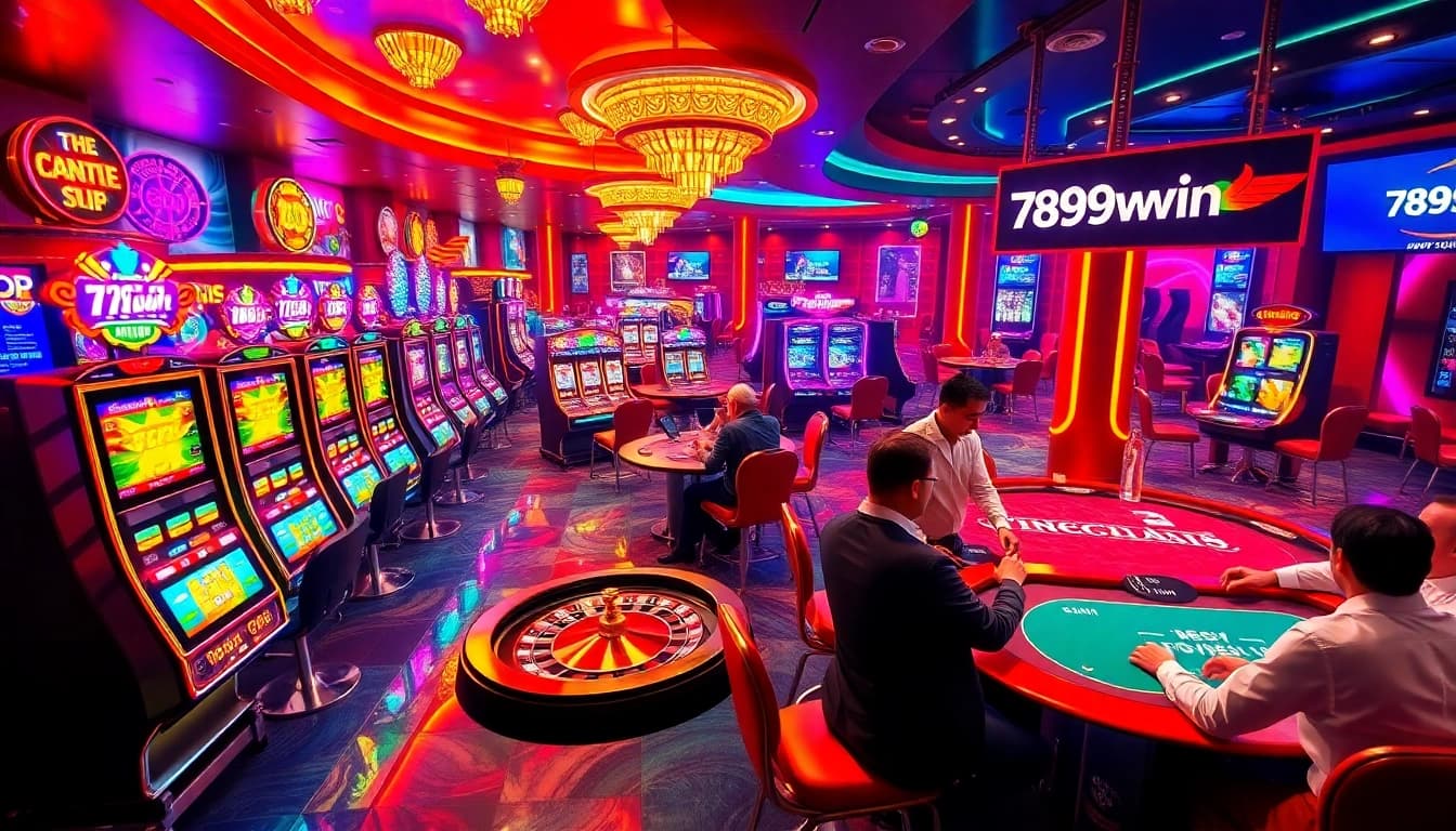 Players enjoying a vibrant casino atmosphere at 789win with exciting slot machines and roulette tables.