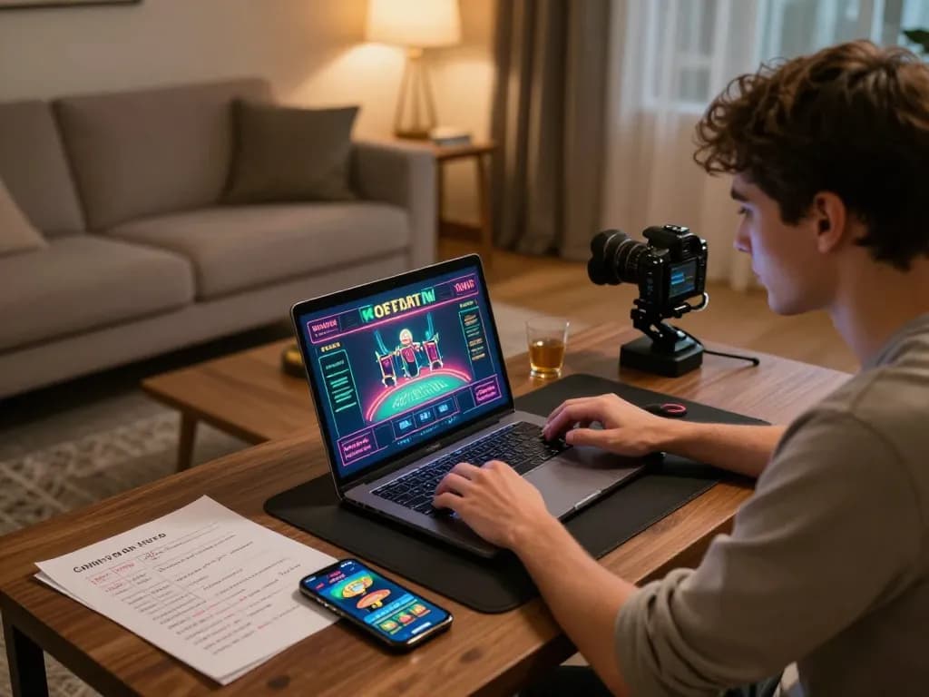 tx88 player analyzing bets on laptop while enjoying a cozy home gaming setup, showcasing strategic engagement.