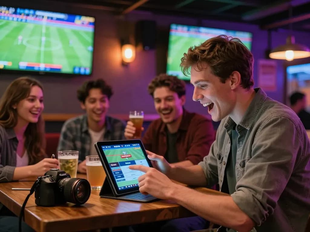 bongdalu ngoại hạng anh sports betting excitement with friends in a vibrant bar setting