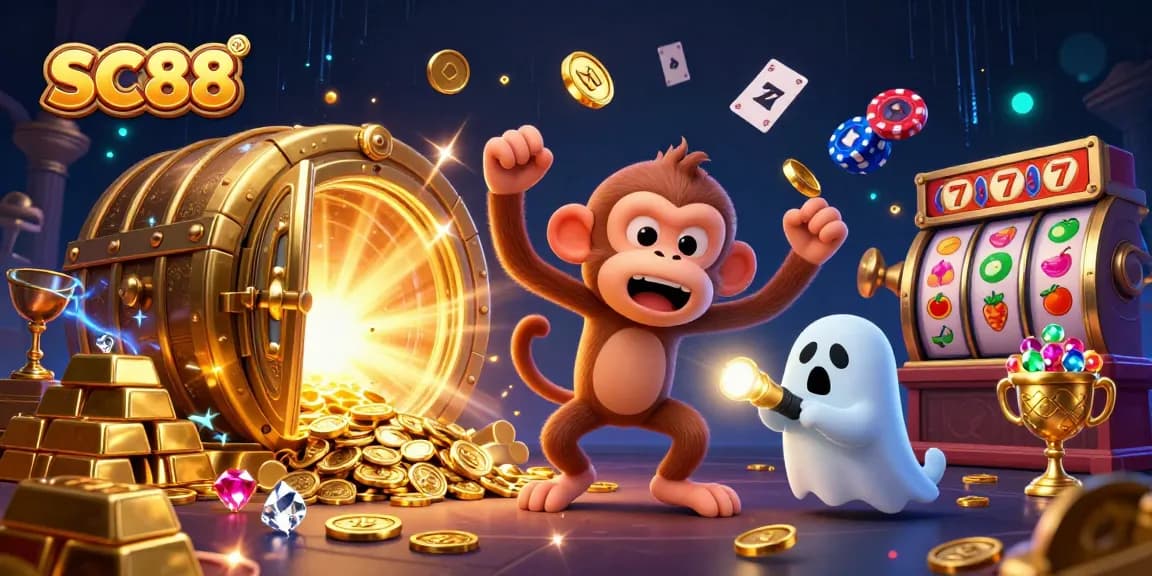 Play SC88 at an exciting haunted casino with golden treasures, a spooky monkey, and a curious puppy