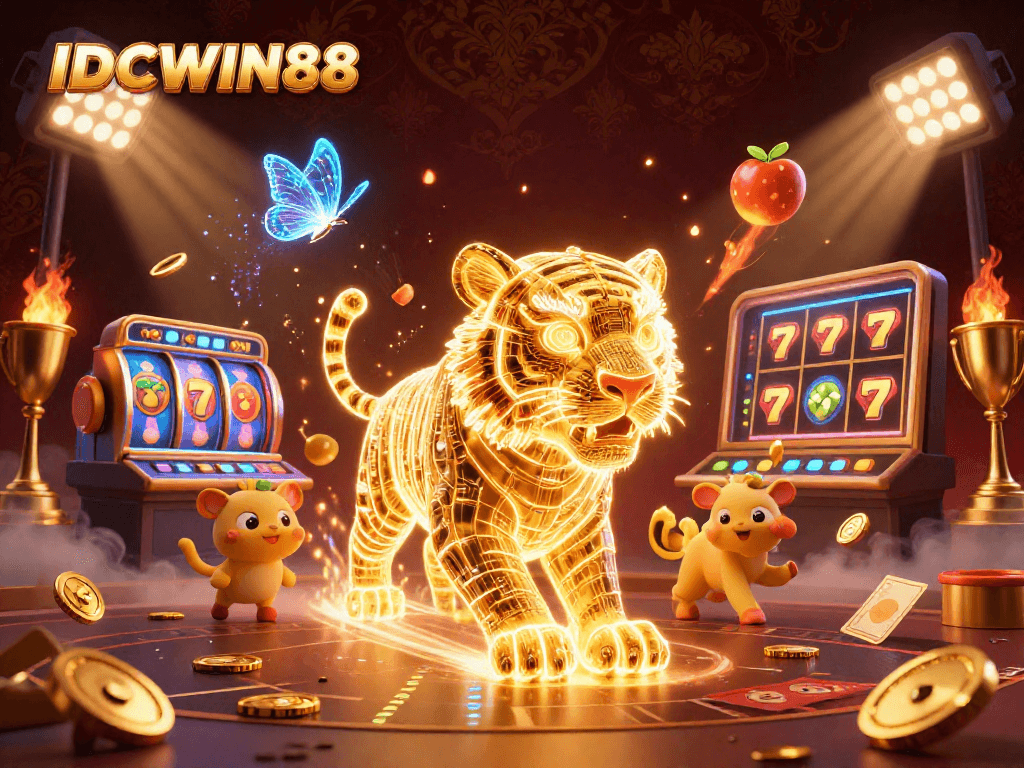 Experience thrilling slots with IDCWIN88 featuring a golden tiger, jackpot reels, and vibrant casino graphics.