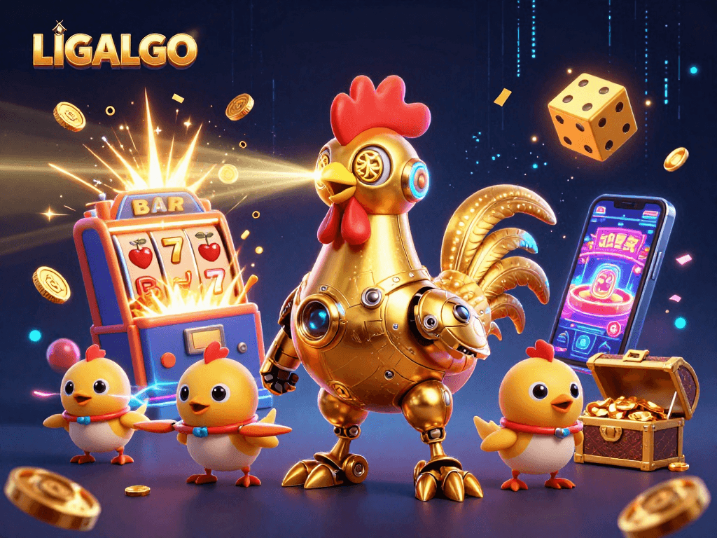 LIGALGO engages players with a vibrant 3D casino scene featuring a futuristic golden rooster robot and baby chick drones amidst dynamic casino symbols.