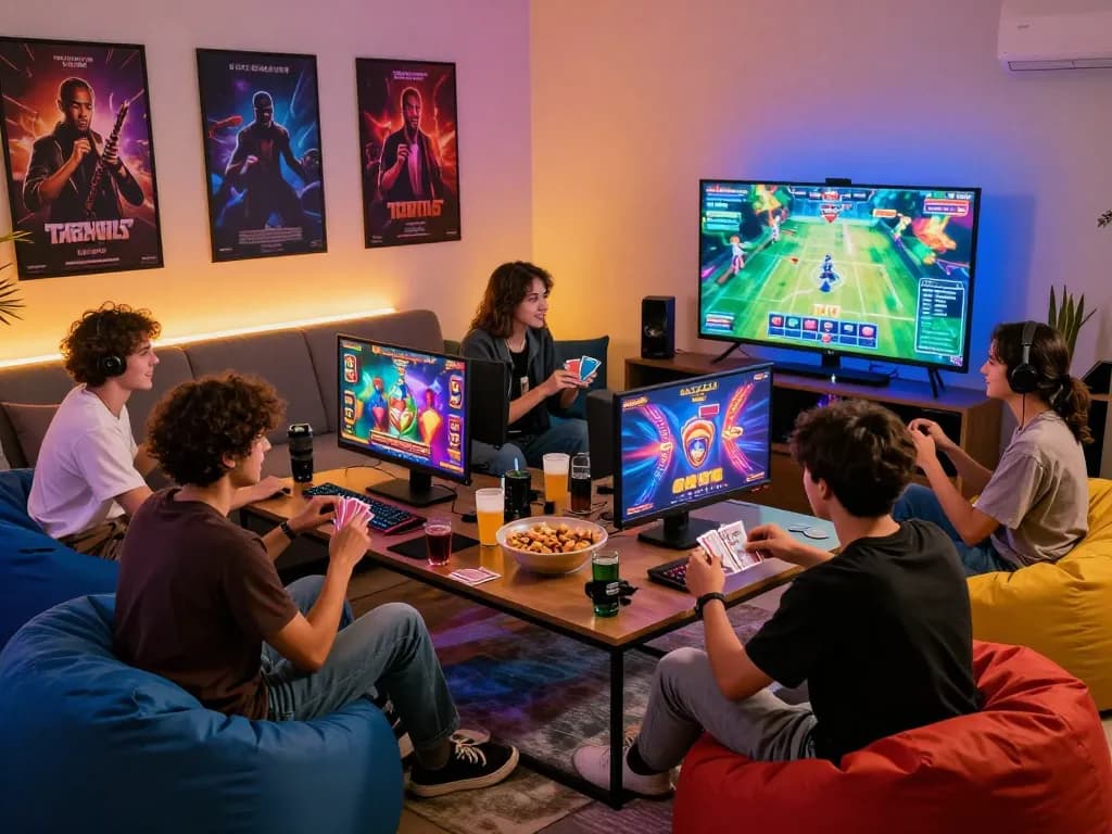 Friends enjoying a thrilling gaming session on 789club platform in a cozy living room with snacks.