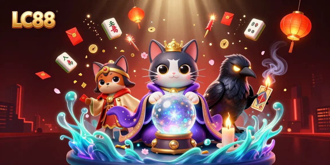 Join the gaming excitement at LC88 with a vibrant illustration featuring fortune-telling elements and casino themes.