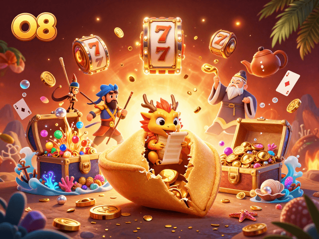 Engage with O8's vibrant slot challenges alongside a wise dragon and golden treasure in a rich scene.