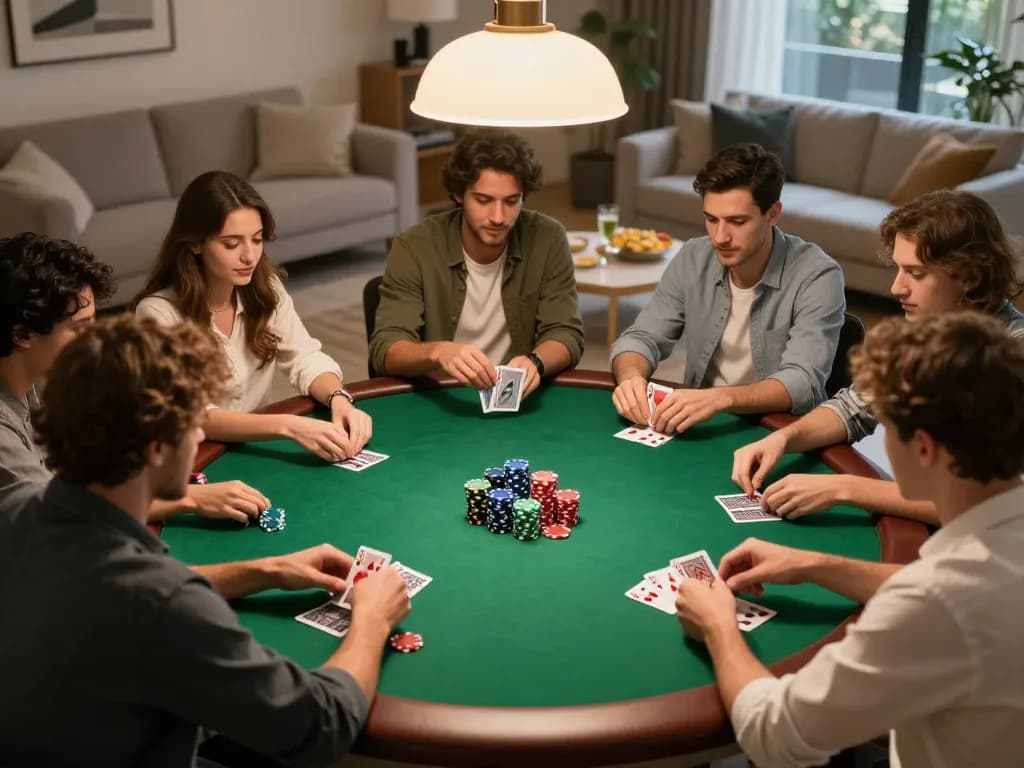 79king players enjoying a competitive poker game in a cozy home setting