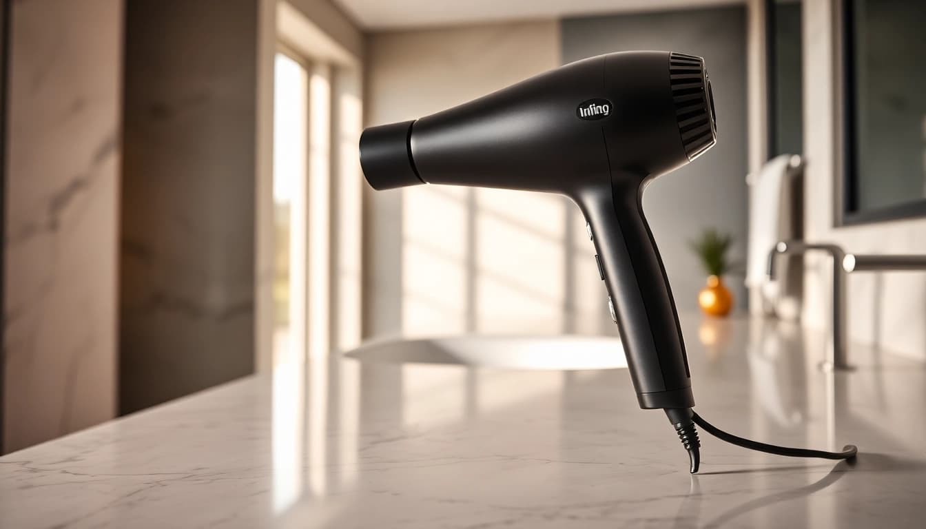 Using an Ionic blow dryer on sleek countertop with elegant bathroom backdrop.