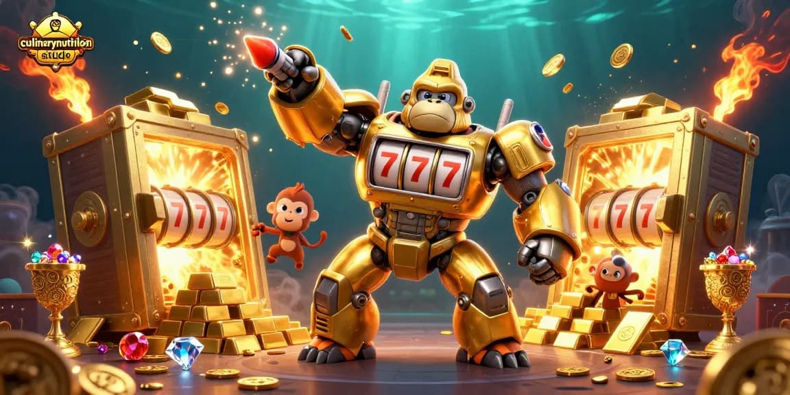 Culinarynutritionstudio engages players with a vibrant scene of a golden gorilla mech and slot elements in action.