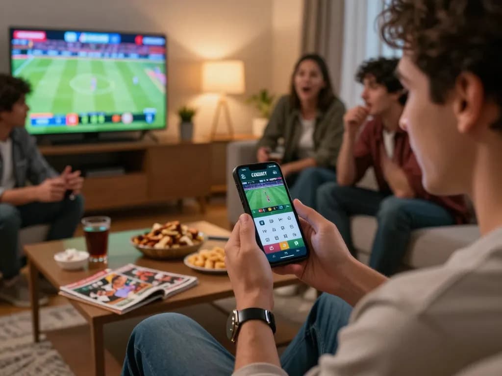 Excited user engaging with CAKHIATV app to place sports bets during lively home gathering.