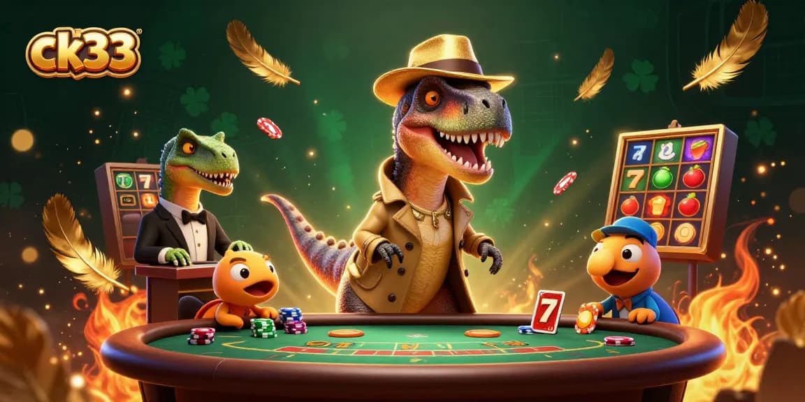 ck33 animates a velcro dinosaur in a casino setting, trying to win big with blackjack.