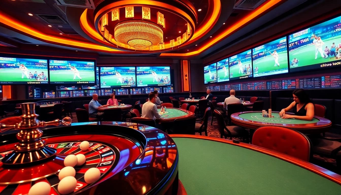Crickex live cricket betting scene with players at roulette and poker tables.