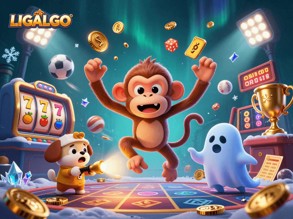 LIGALGO showcases vibrant gaming action with a playful monkey juggling casino treasures in an engaging setting.