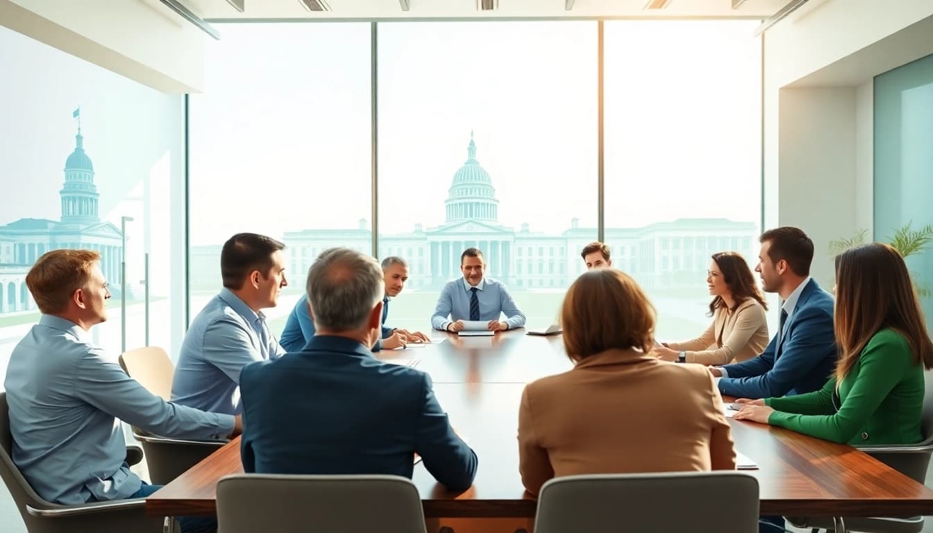 Discussing Federal and State contracts in a dynamic business meeting with diverse professionals.