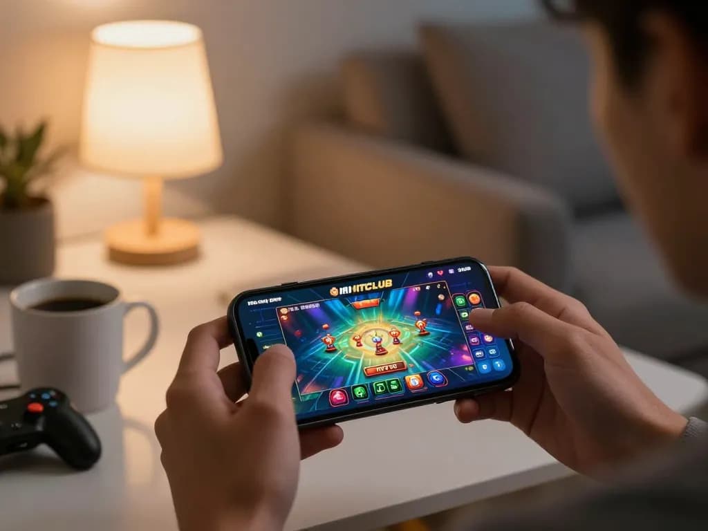 Person enjoying cổng game HITCLUB on a smartphone in a cozy living room.