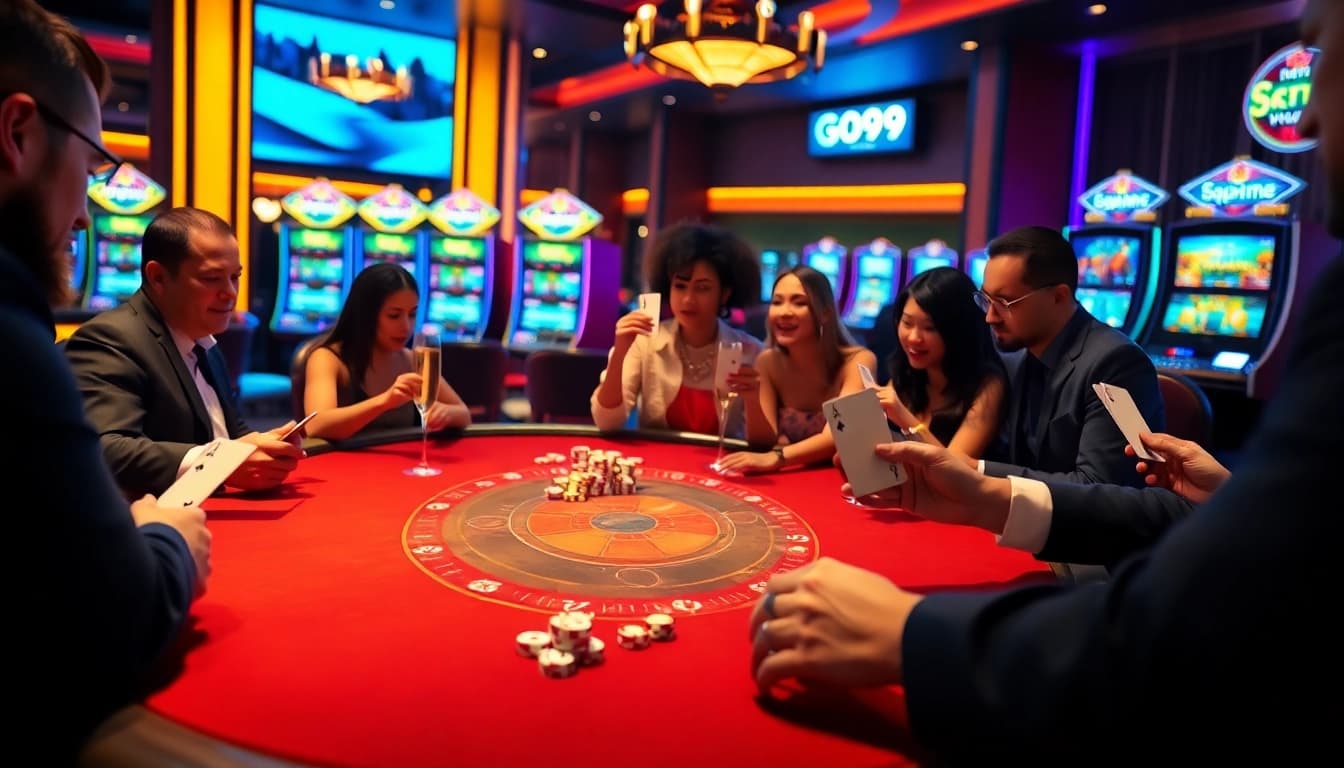 Players engaging at a go99 poker table, showcasing excitement and strategy in gambling.