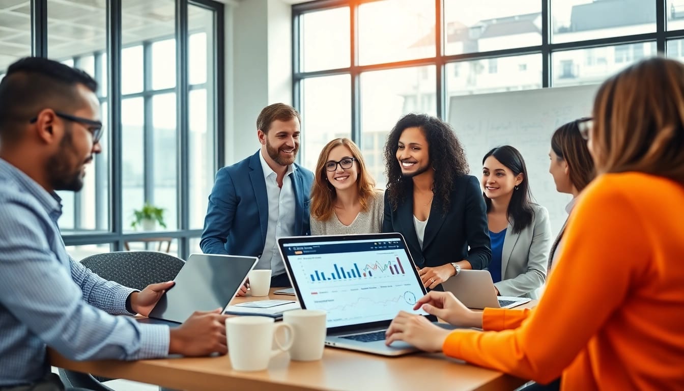 Designing a hubspot marketing email strategy with a professional marketing team in a modern office.