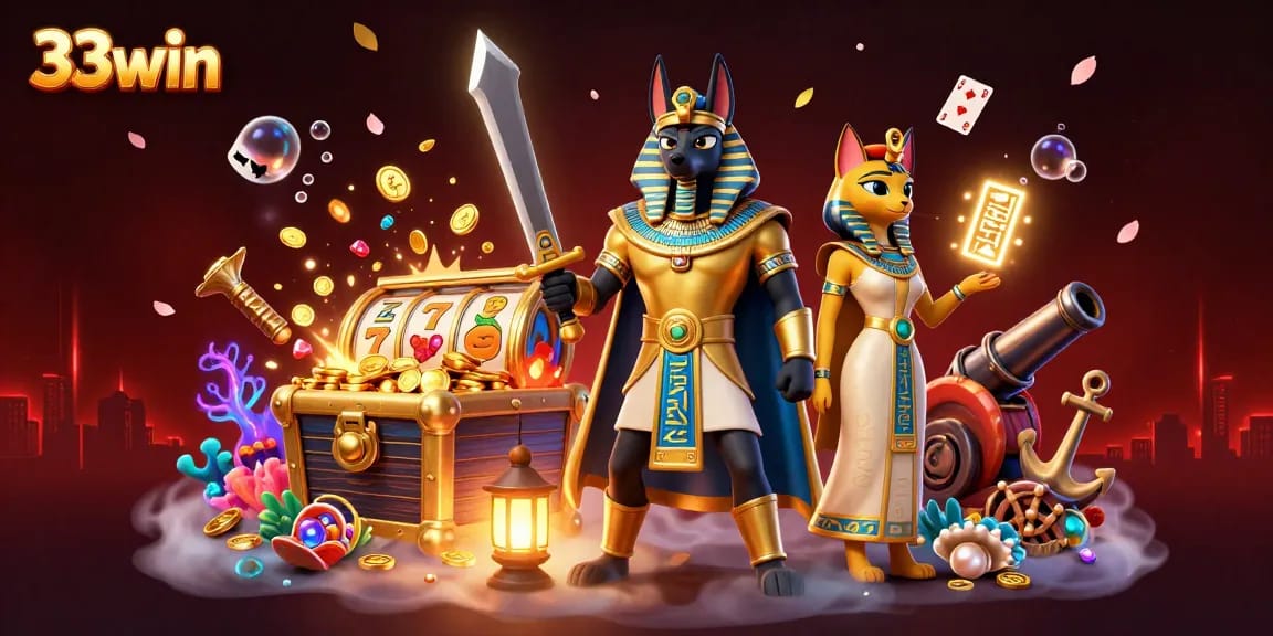 Experience exhilarating wins with 33win, featuring Anubis, treasure chest, and vibrant elements.