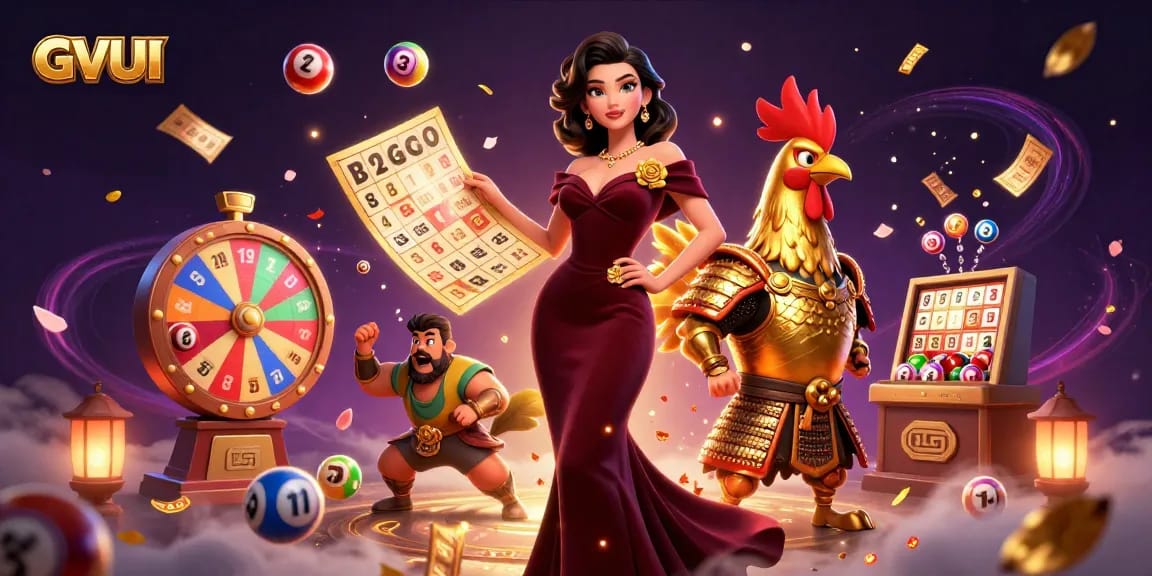 Engage with GVUI's exciting casino experience, featuring a glamorous woman and samurai rooster warrior.