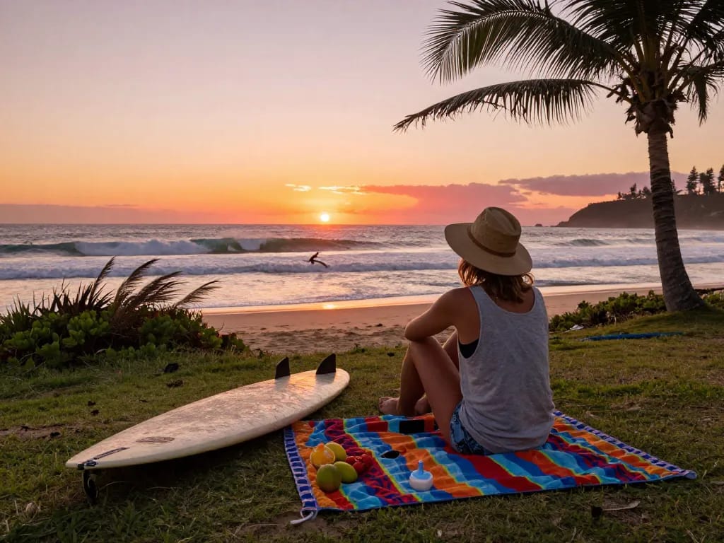 Traveler at sunset on Australian beach contemplating ocean waves.