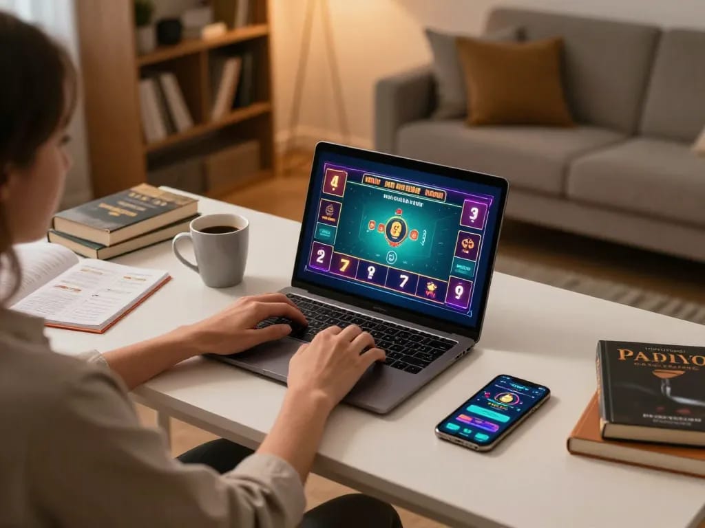 Engaging in online casino games with Surebetsg on a laptop in a cozy home setup