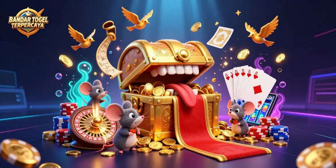 Engage with BANDAR TOGEL TERPERCAYA: a vibrant 3D casino scene filled with treasures and winning opportunities.