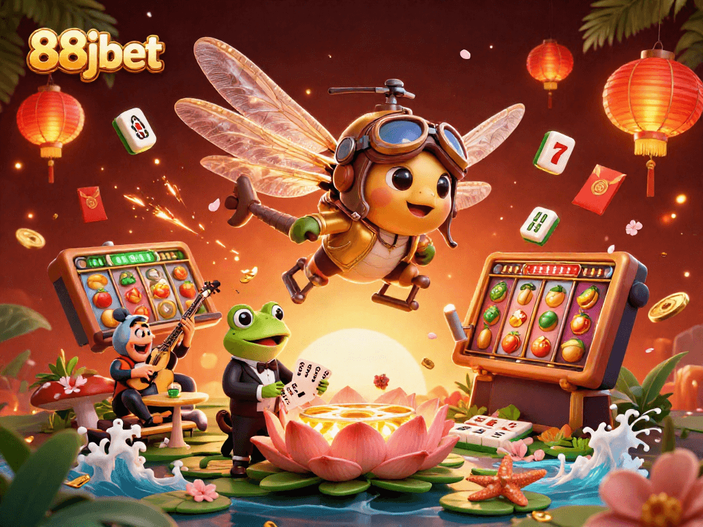 Join the excitement of 88jbet with a thrilling casino scene featuring a dragonfly pilot and frog croupier.