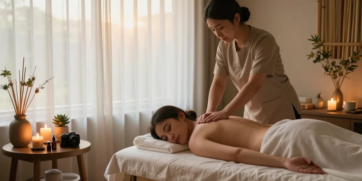 Woman receiving a relaxing 파주출장마사지 in a tranquil therapy room with soft lighting.