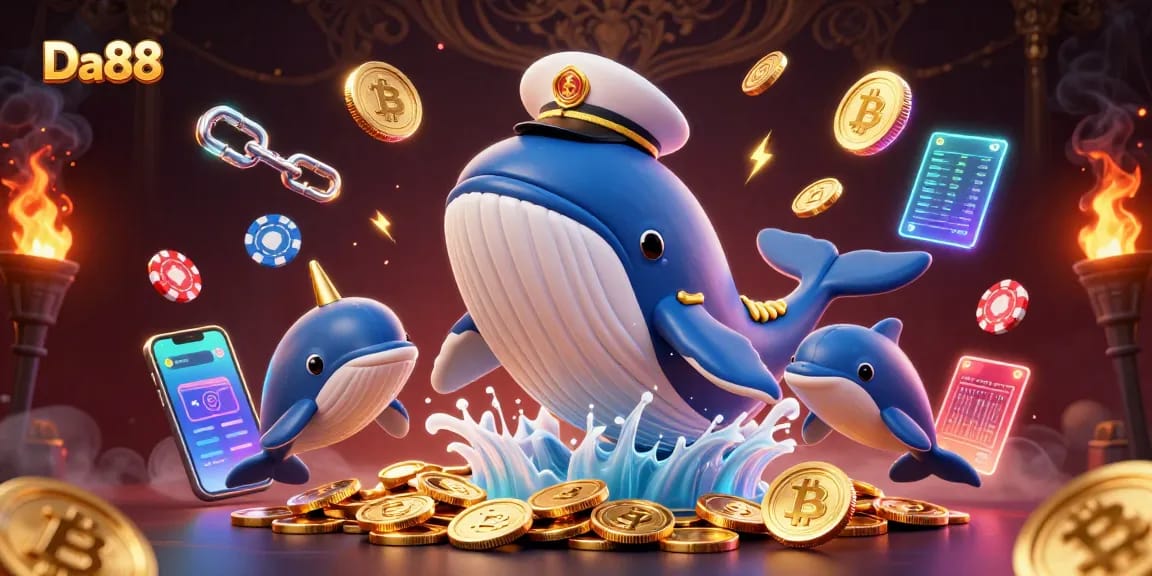 Engage with Da88's vibrant casino imagery showcasing giant whale and playful dolphins in an exciting gaming scene.