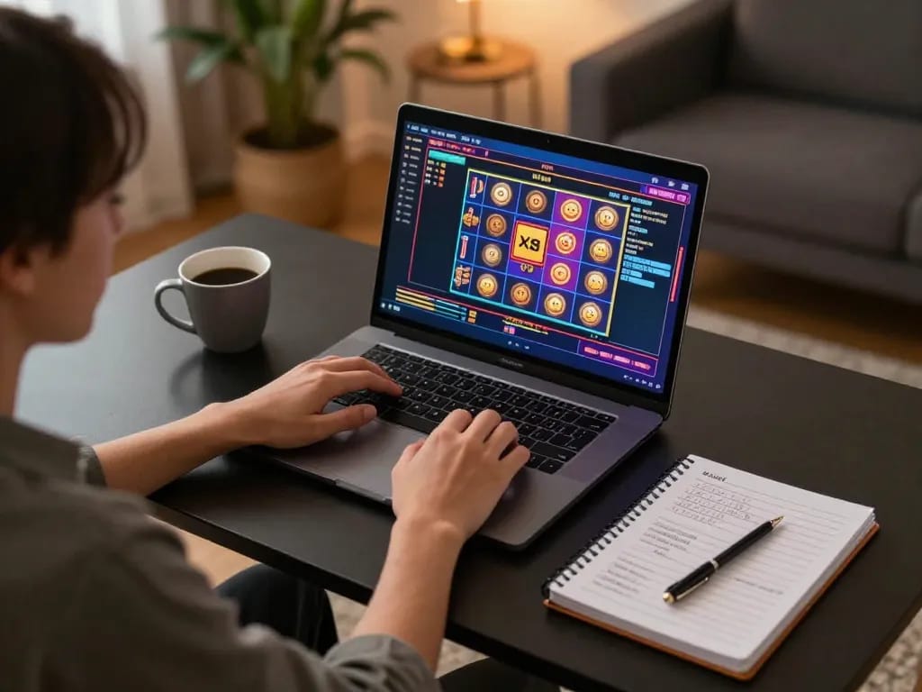Engaged player using xx88 platform for online slot gaming strategy in a cozy home environment