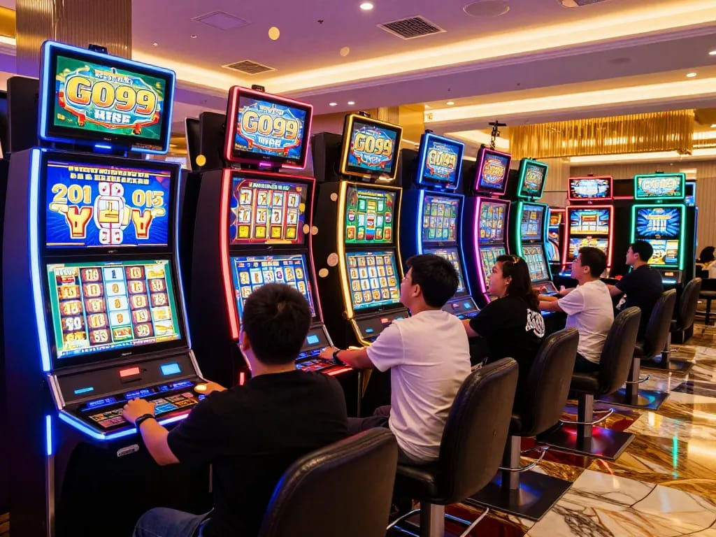 Players celebrating a win at GO99’s vibrant slot machines with colorful lights.