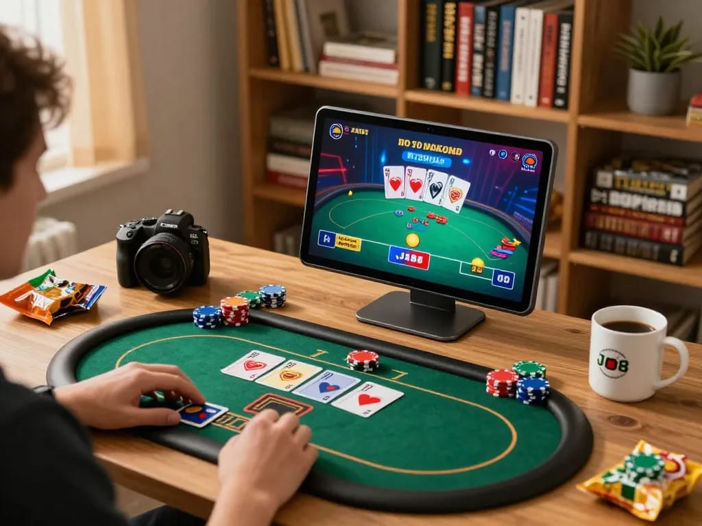 Player enjoying a gaming session on j188 app with cozy home setup and vibrant poker game action