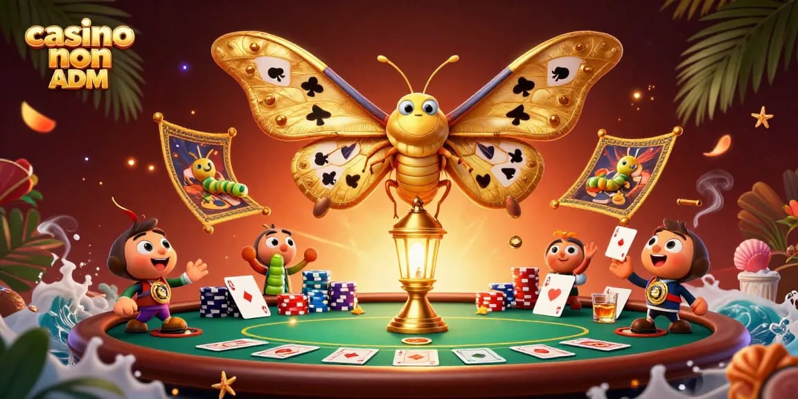 Giocando nei casino non ADM, una falena con ali dorate e giochi di carte crea magia in un'illustrazione affascinante.