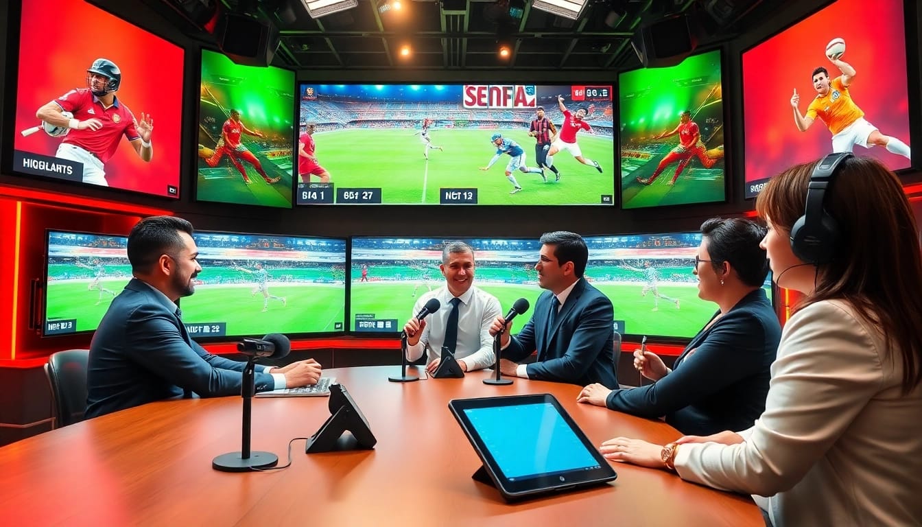 Engaging scene of Sports Broadcasting studio with hosts and live event displays.