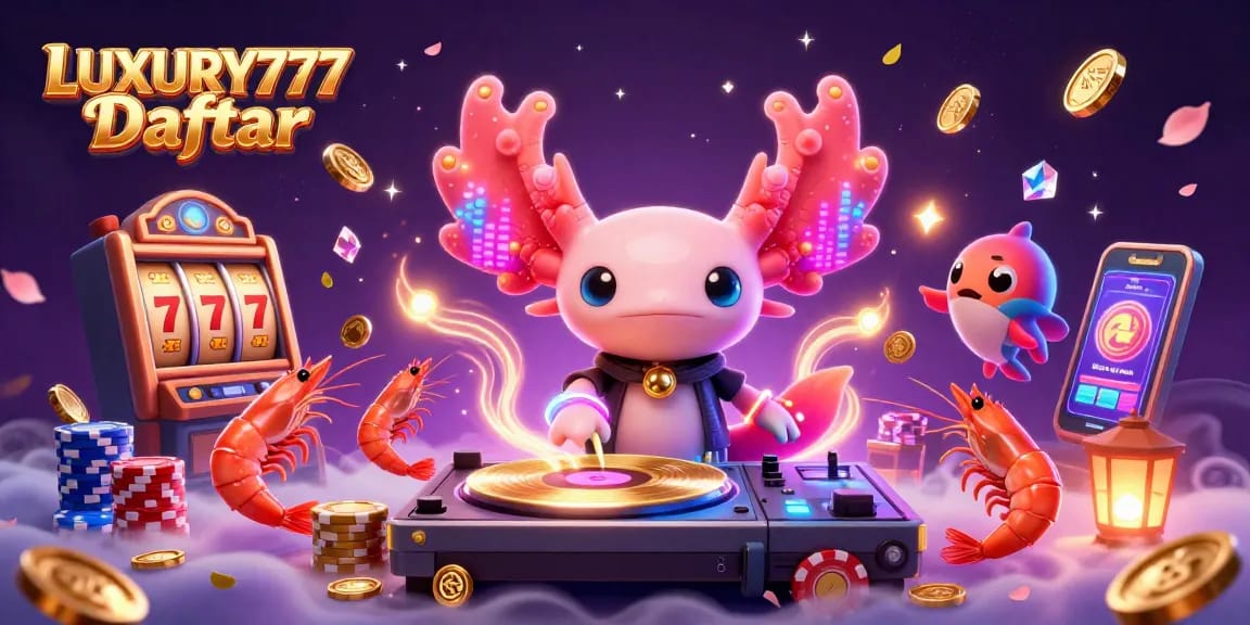 Visualisasi LUXURY777 Daftar dengan axolotl DJ dan elemen permainan slot di bawah laut.