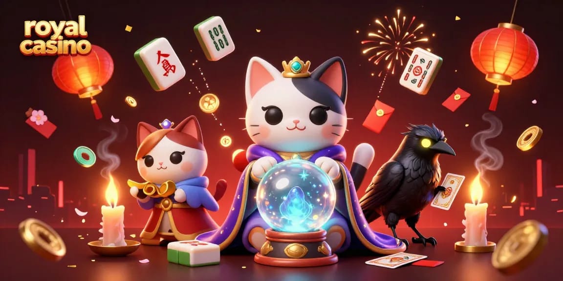 Experience the excitement of royal casino gaming with a mystical illustration filled with vibrant elements.