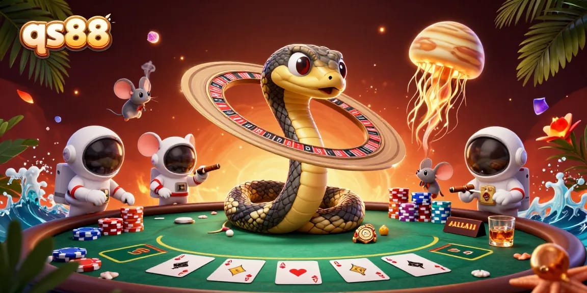Engage in thrilling bets at qs88 with a cosmic casino scene featuring playful astronaut mice and a golden jellyfish dealer.