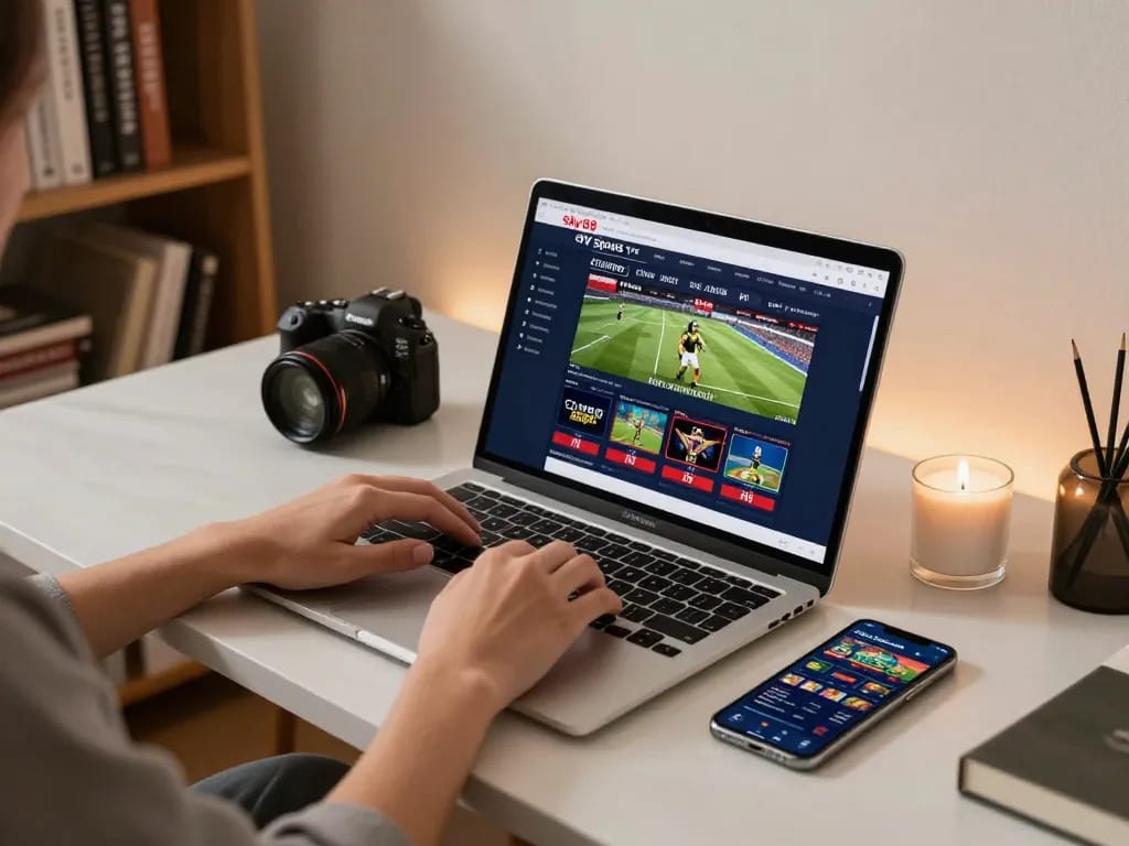 Placing strategic bets on sky88 tv in a luxurious online gaming setup with laptop.