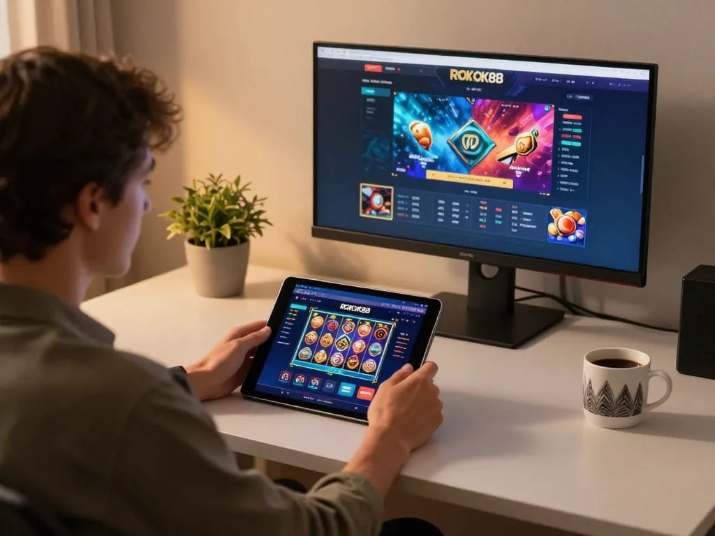 Experience rokok88 login on a stylish tablet at home, showcasing vibrant slot games.