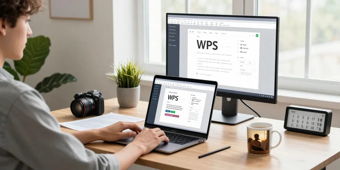 Downloading WPS Office on a modern laptop in a stylish home office workspace.